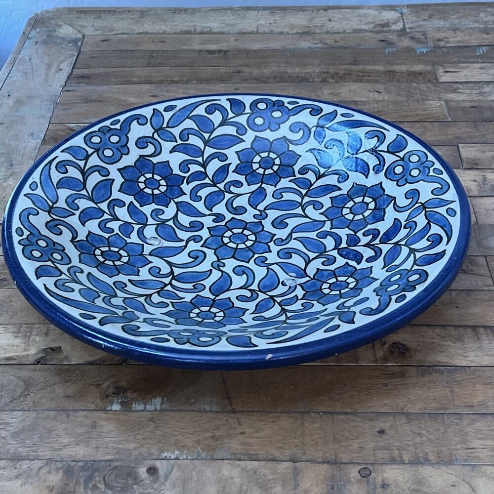 Handmade terracota Bowl 16" Blue Floral Pattern